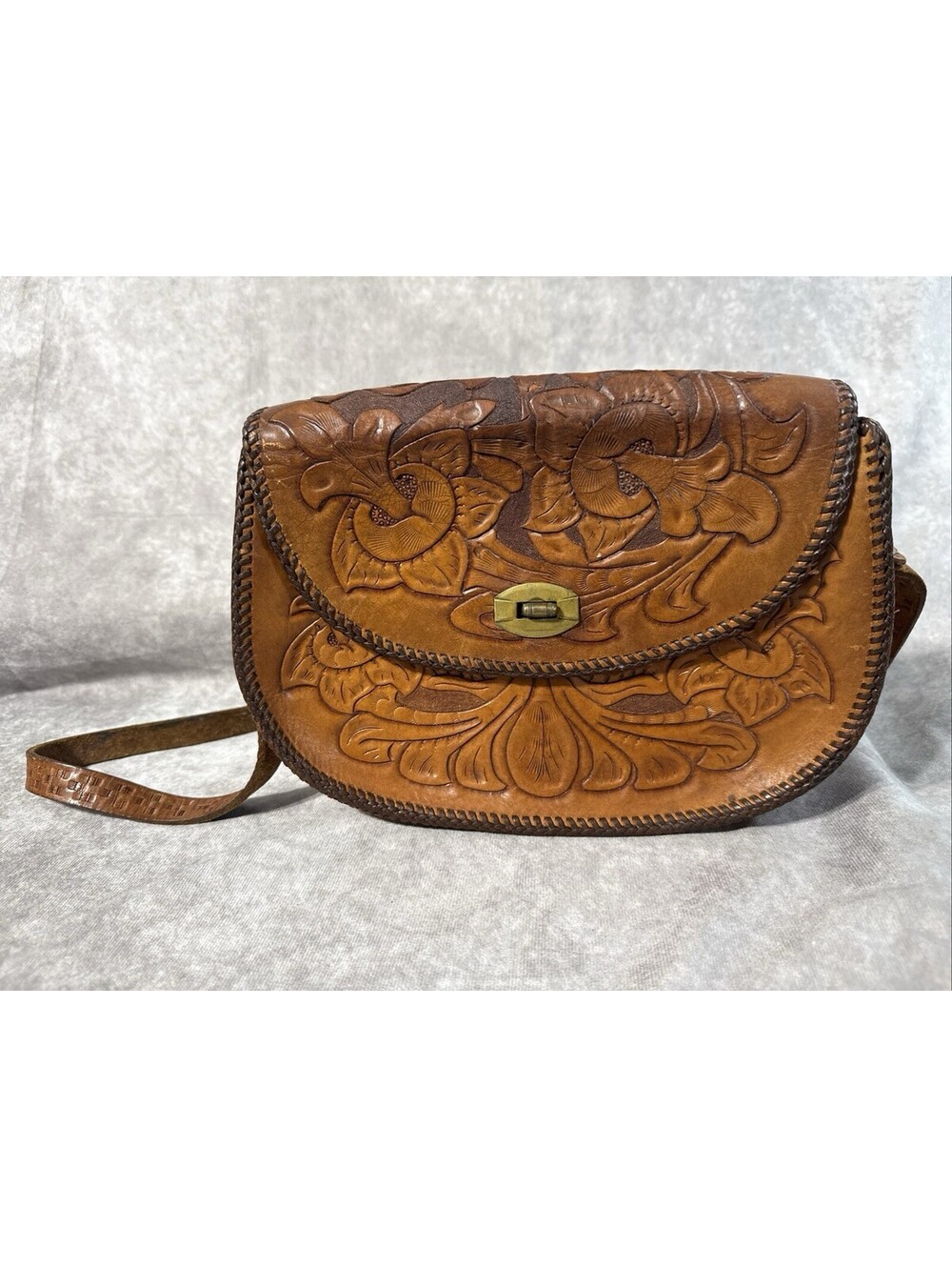 80s Vintage Hand Tooled And Stitched Satchel Hand Bag Genuine Leather